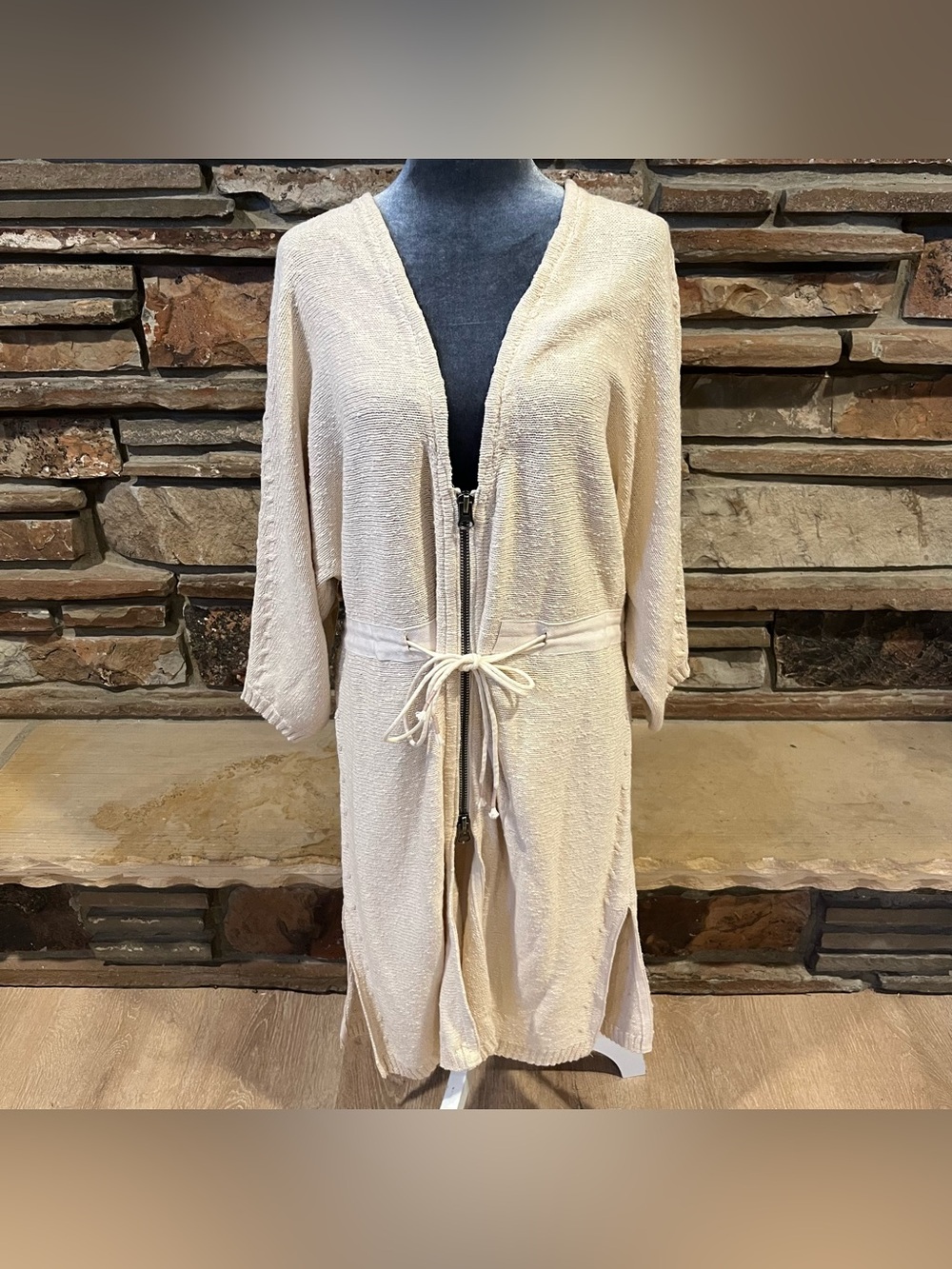 Free People Soul Sister Neutral Beige Cotton Knit Zip Front Cardigan